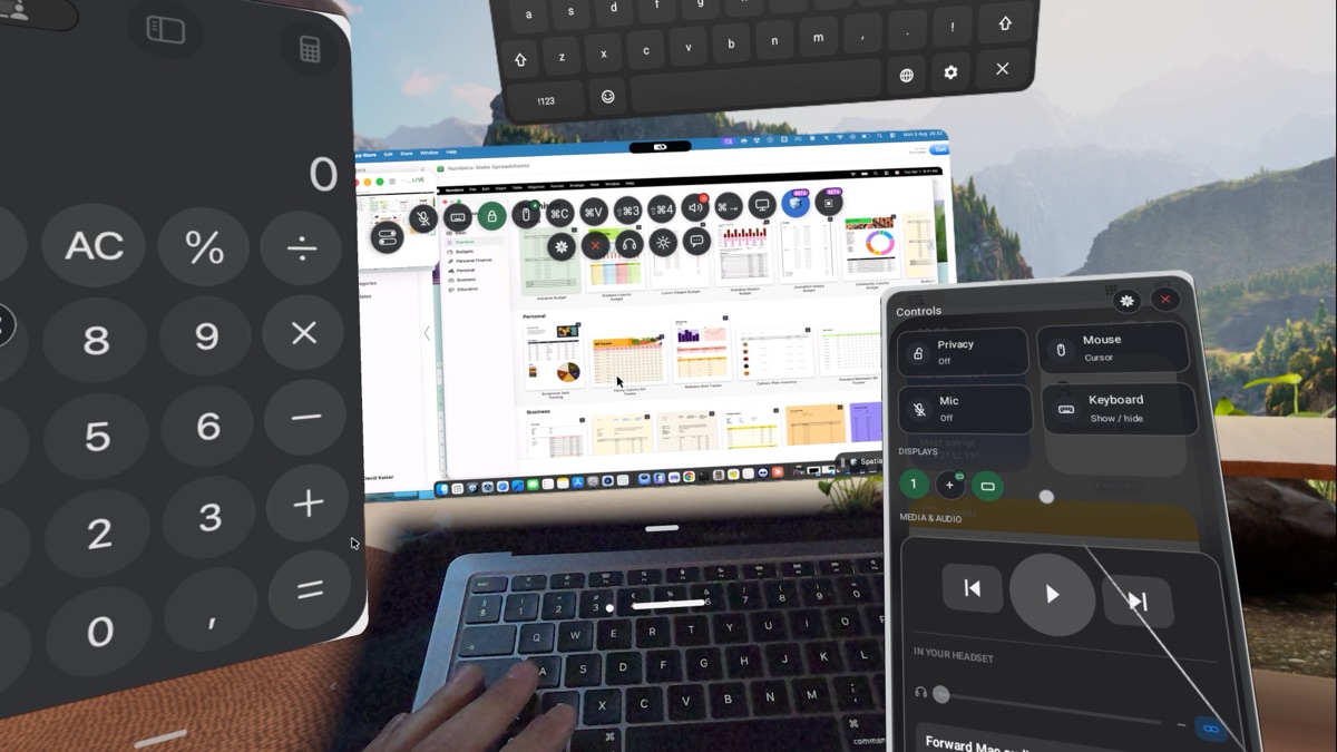 Passthrough view: the real MacBook on the desk surrounded by floating panels and controls