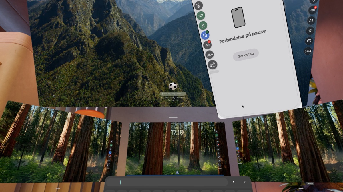 Spatial Mode: Mac windows floating among redwoods, with the iPhone panel paused beside them