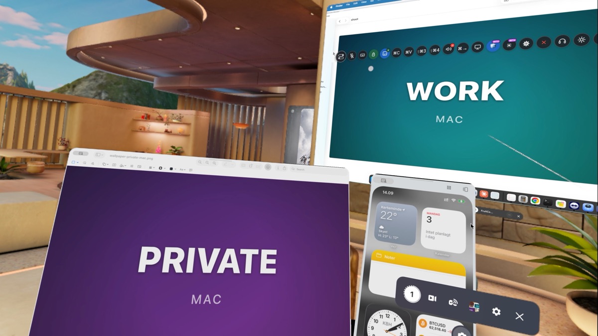 Two Macs at once — work and private — with the iPhone panel next to them